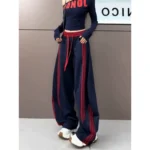 HTKD Women's High Waisted Wide Leg Striped Sweatpants Navy - Image 3
