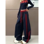 HTKD Women's High Waisted Wide Leg Striped Sweatpants Navy