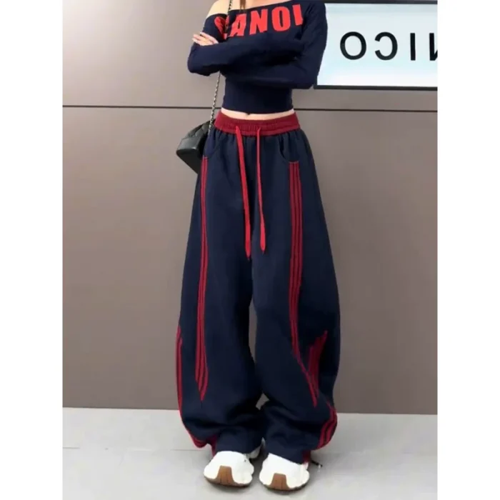 HTKD Women's High Waisted Wide Leg Striped Sweatpants Navy - Image 4