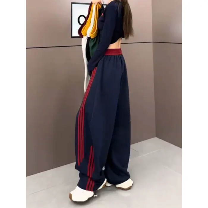HTKD Women's High Waisted Wide Leg Striped Sweatpants Navy - Image 5