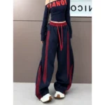HTKD Women's High Waisted Wide Leg Striped Sweatpants Navy - Image 2